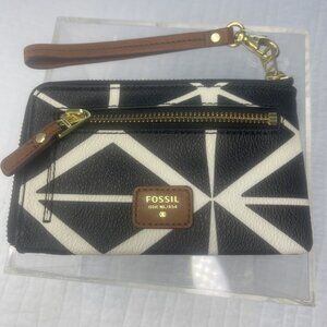 Fossil Ava Zip Multi Black/White Geometric Leather Wristlet Wallet NEW